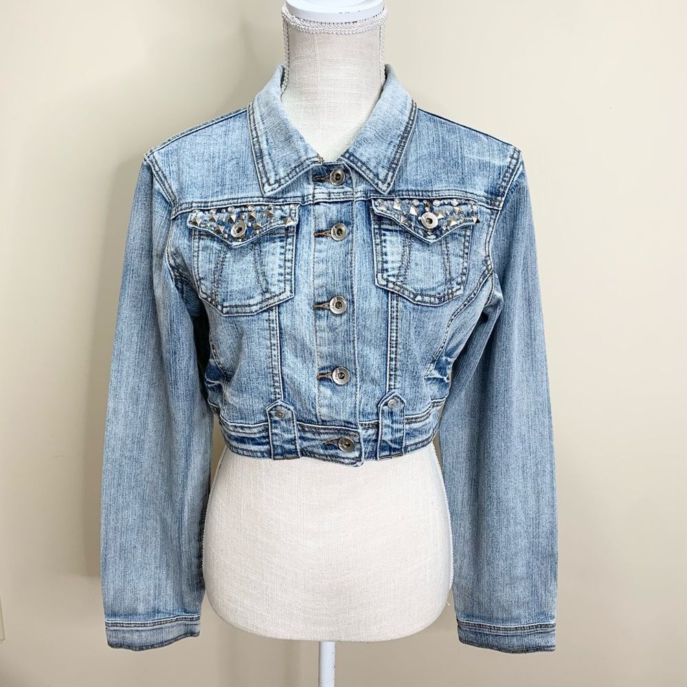 Y2K Soho Babe Cropped Jeweled Studded Jean Jacket Medium